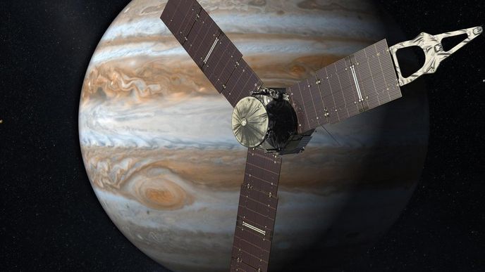 umělecké ztvárnění sondy Juno na orbitě Jupitera