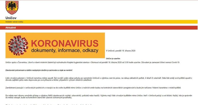 Město Uničov je kvůli zabránění šíření nového koronaviru uzavřeno.