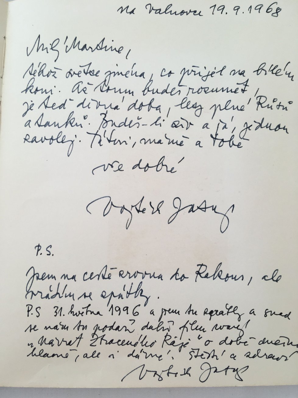Vojtěch Jasný a jeho vzkazy Martinu Jílkovi z roku 1968 a 1996.