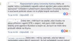 Stížnosti studentů pod příspěvkem o sponzorech na reprezentativním plese UK