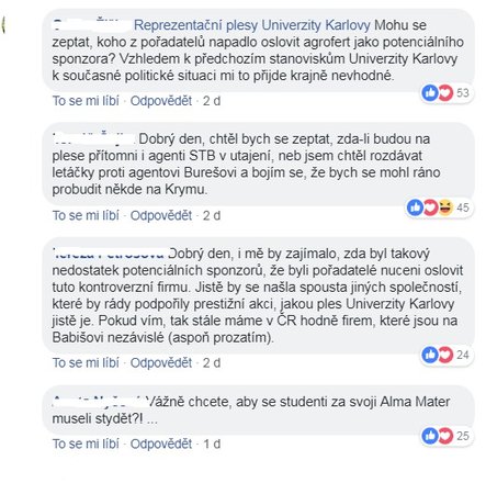 Stížnosti studentů pod příspěvkem o sponzorech na reprezentativním plese UK