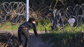 Uprchlík se snaží podlézt ostnatý drát na srbsko-maďarské hranici.