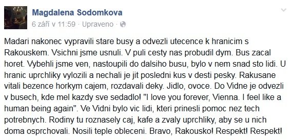 Česká novinářka Magadalena Sodomková popsala cestu s uprchlíky z Maďarska do Rakouska.