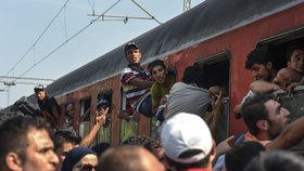 Uprchlíci se snaží nacpat do vlaků mířících z Makedonie do Srbska