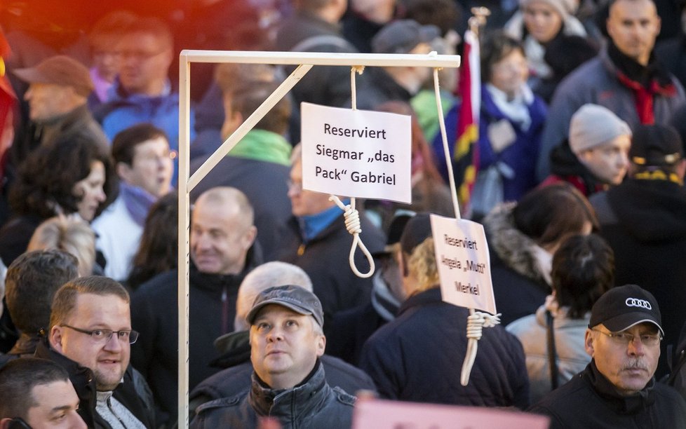 Na demonstraci v Německu přinesli odpůrci azylové politiky spolkové kancléřky Angely Merkelové šibenici s jejím jménem.