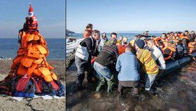 Na ostrově Lesbos vyrostl unikátní vánoční stromeček ze záchranných vest uprchlíků.