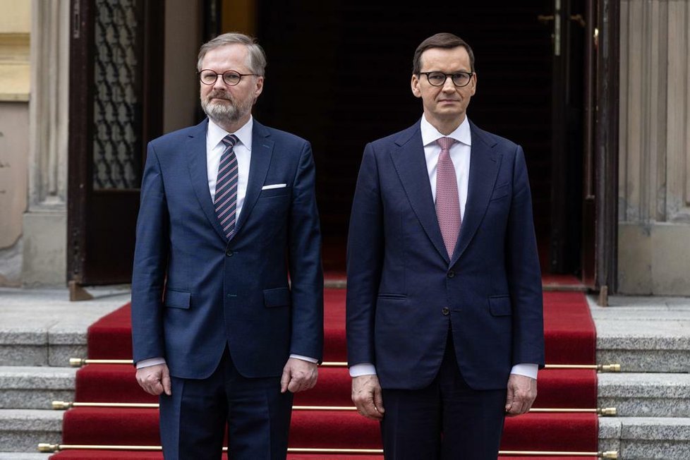 Premiér Petr Fiala (ODS) na návštěvě v Polsku u premiéra Mateusze Morawieckého (29.4.2022)