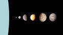 Uran a několik jeho měsíců (zprava doleva: Puck, Miranda, Ariel, Umbriel, Titania a Oberon).