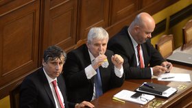 Trojice z úřednické vlády - vicepremiér Fischer, premiér Rusnok a ministr vnitra Pecina - při jednání o rozpuštění vlády