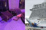 Náraz větru nahnul výletní parník společnosti Norwegian Cruise nad hladinu moře, židle a stoly se sesunuly na jednu stranu, sklenice a lustry popadaly na zem. Zraněno bylo i několik lidí.