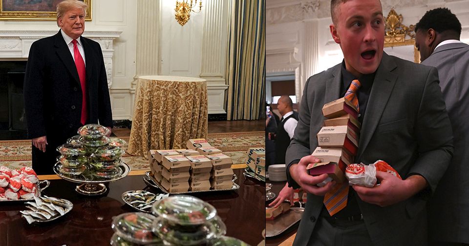 USA svírá rozpočtová krize. Prezident Trump musel za vlastní peníze uspořádat hostinu pro univerzitní sportovce, objednal jim pizzu a hamburgery z „Mekáče“.