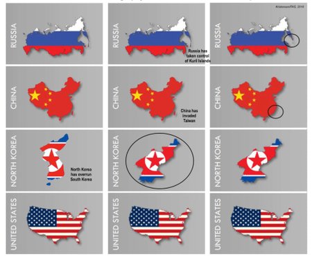 Chyby v doktríně - Kurilské ostrovy jsou přiřazené k Rusku, Tchaj-wan k Číně, přes celý Korejský poloostrov je zobrazená severokorejská vlajka.