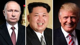 Vladimir Putin, Kim Čong-un, Donald Trump.