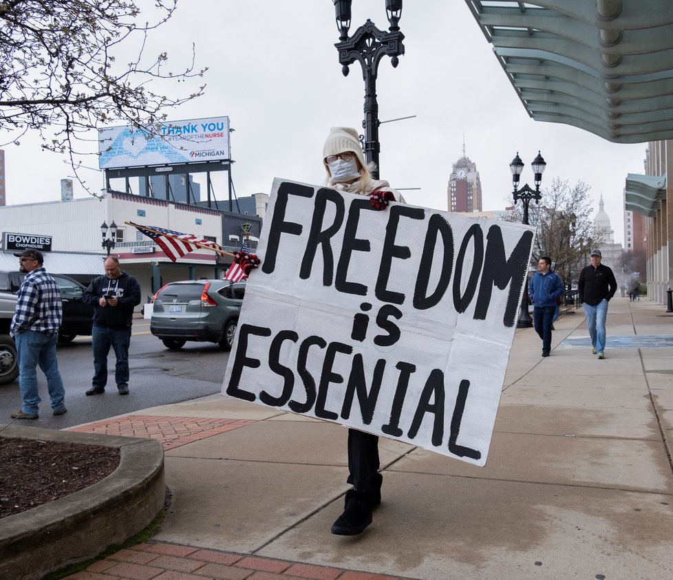 Protest proti omezenému pohybu osob v USA (15. 4. 2020)