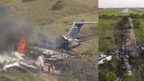 Cestující letadla včetně dítěte (10) zázrakem přežili nepovedený start. V poli zbyly jen ohořelé trosky.