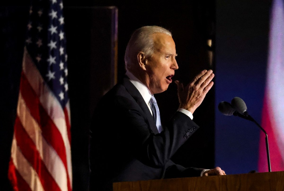 Zvolený prezident Joe Biden při vítězném projevu ve Wilmingtonu