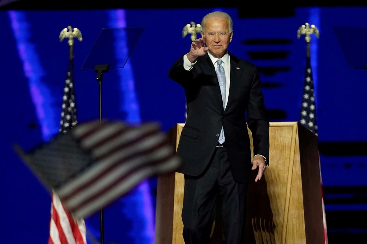 Zvolený prezident Joe Biden při vítězném projevu ve Wilmingtonu