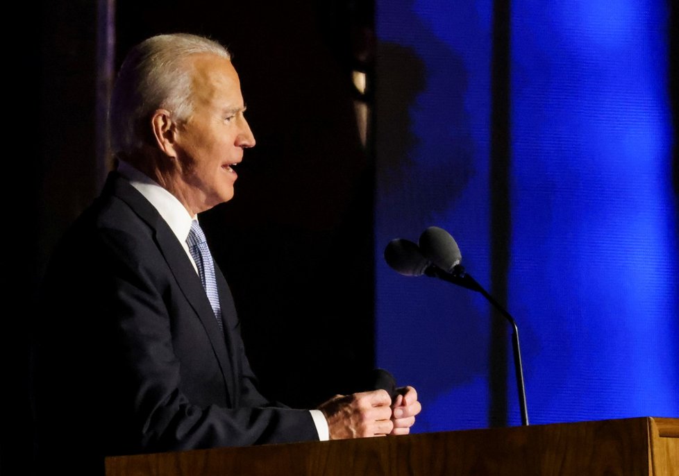 Zvolený prezident Joe Biden při vítězném projevu ve Wilmingtonu