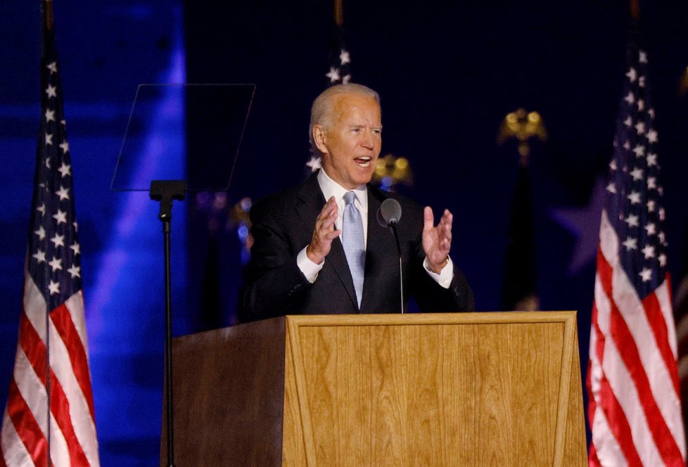 Zvolený prezident Joe Biden při vítězném projevu ve Wilmingtonu