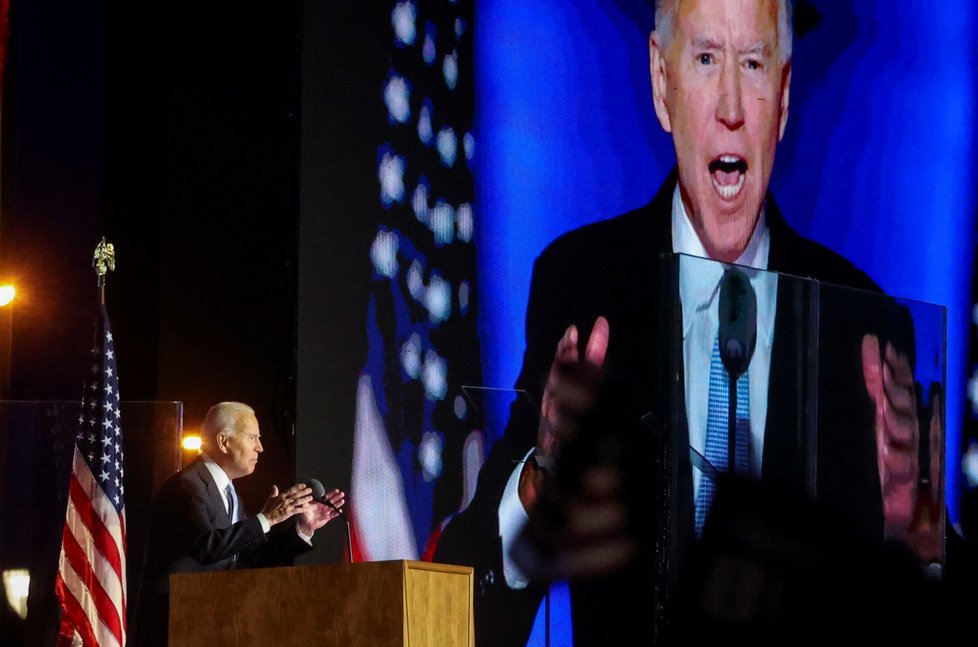 Zvolený prezident Joe Biden při vítězném projevu ve Wilmingtonu