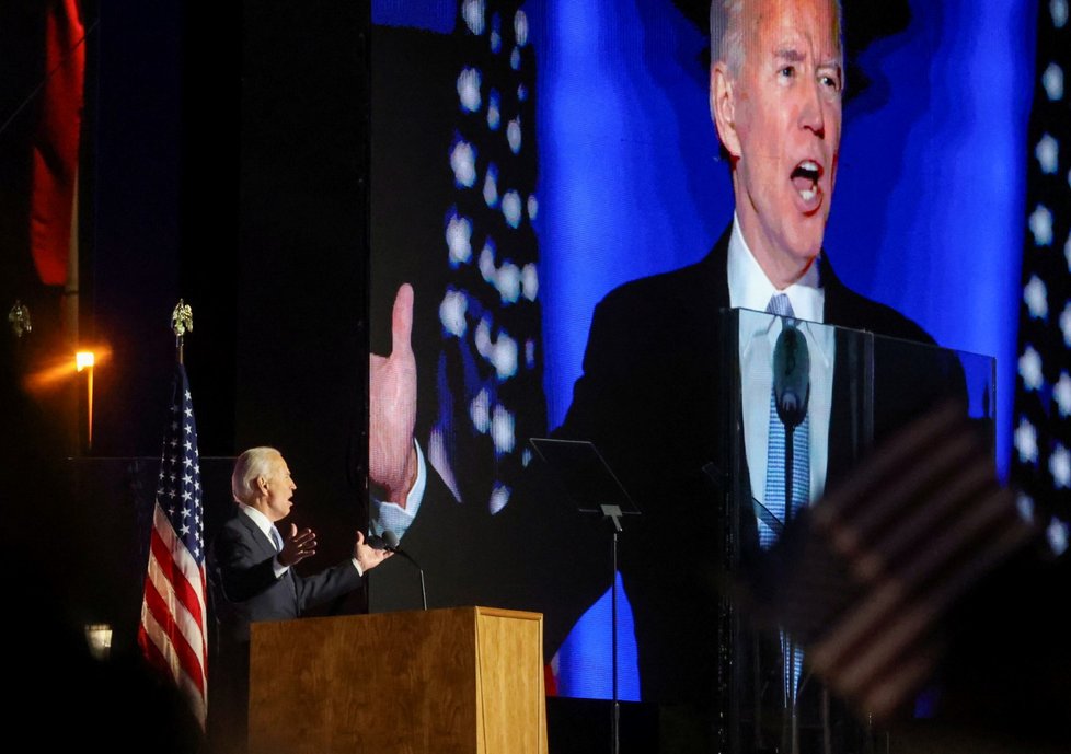 Zvolený prezident Joe Biden při vítězném projevu ve Wilmingtonu