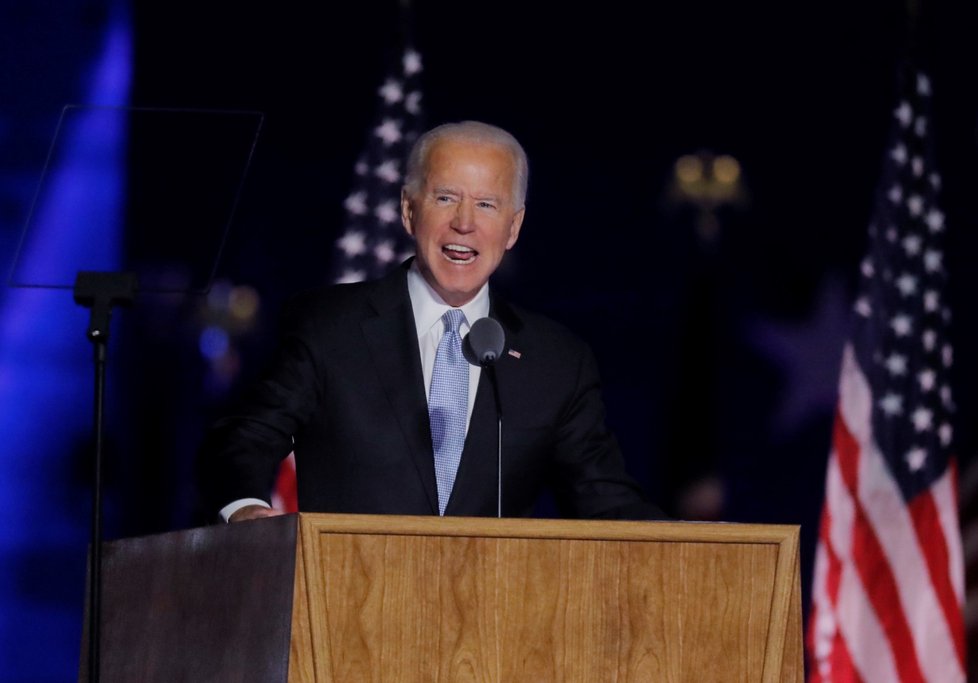 Zvolený prezident Joe Biden při vítězném projevu ve Wilmingtonu