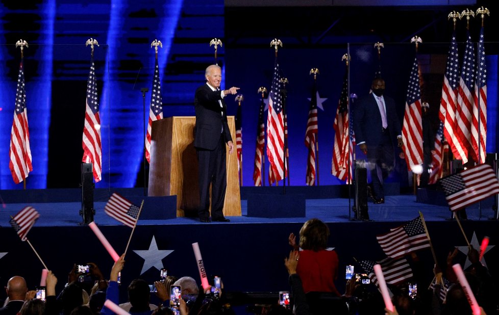 Zvolený prezident Joe Biden při vítězném projevu ve Wilmingtonu