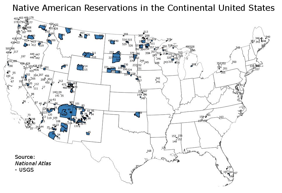 Mapa indiánských rezervací v USA.