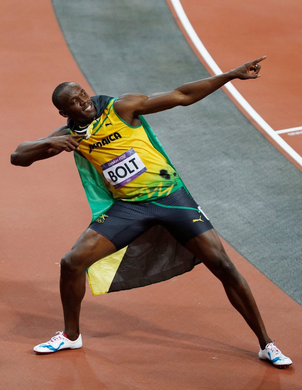 V současnosti nejrychlejší spinter planety Usain Bolt a jeho vítězné gesto na olympiádě v Londýně