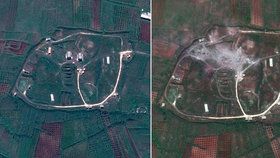 Fotografie ukazují cíle raketového útoku v Sýrii před a po zásahu.