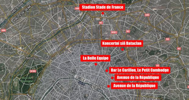 Mapa teroru v Paříži: Stadion, klub a několik restaurací! 