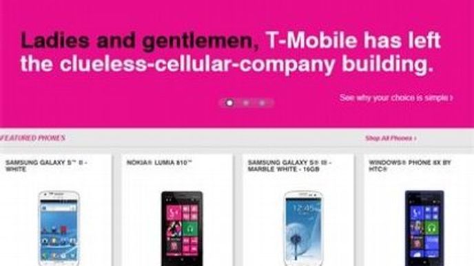 Úvodní sdělení na webu amerického T-Mobilu a telefony na splátky