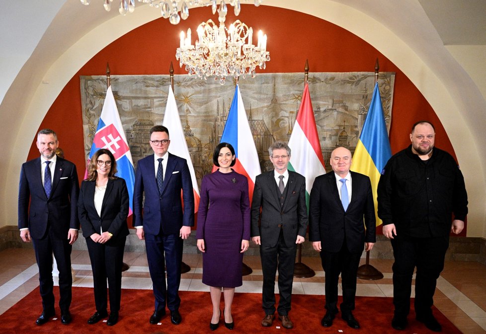 Parlamentní šéfové V4 a Ukrajiny v Praze (29. 2. 2024).