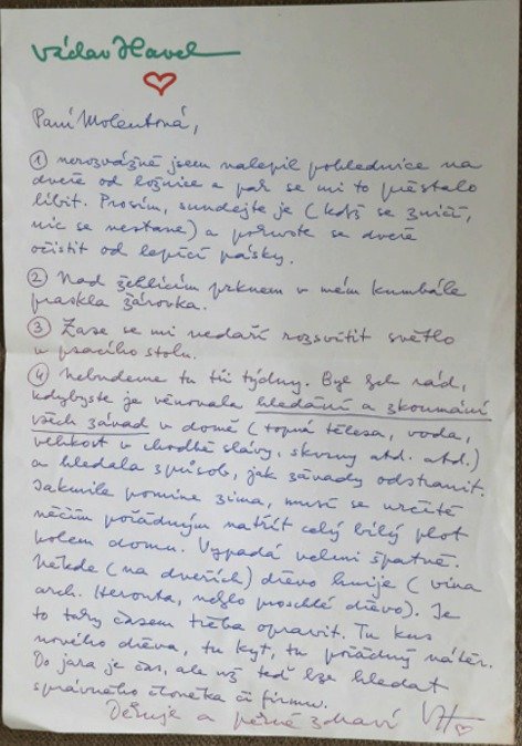 Václav Havel nechával instrukce paní Molentové formou dopisů. Některé má dodnes schované.