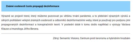 Jméno exprezidenta Václava Klause na webu ministerstva zdravotnictví figuruje jako příklad „známé osobnosti, která často propaguje dezinformace“ v souvislosti s covidem-19