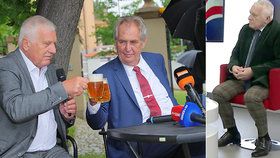 Exprezident Václav Klaus s Milošem Zemanem během přípitku na své narozeninové oslavě. A v křesle pro hosta ve slovenské televizi TA3