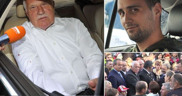Prezident Václav Klaus hovoří po propuštění z nemocnice o nečekaném atentátu, který má na svědomí muž vpravo