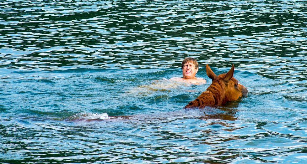 Těžko říct, kdo si ve vodě víc užívá, jestli kůň nebo Václav