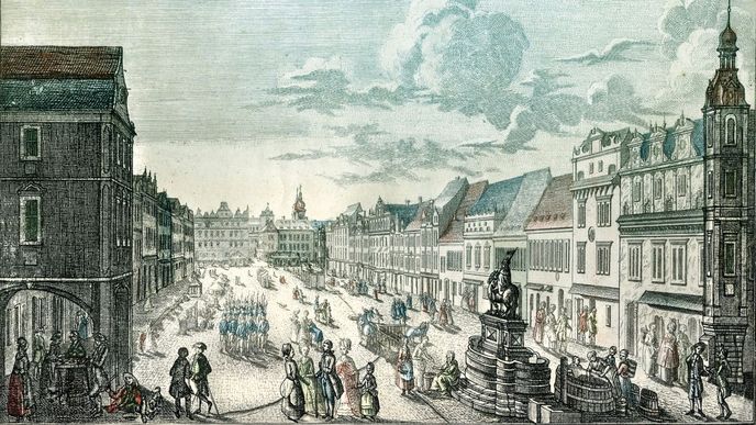 Václavské náměstí, Josef Carmine, mědiryt, 1780-1785 Václavské náměstí, Josef Carmine, mědiryt, 1780-1785