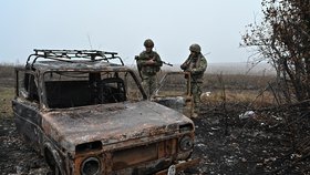 Pohled na frontovou linii u obce Robotyně na Ukrajině (listopad 2023)