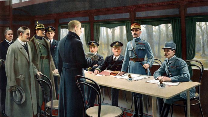Kresba ukazující vyjednávání o příměří v železničním voze v Compiègneském lese