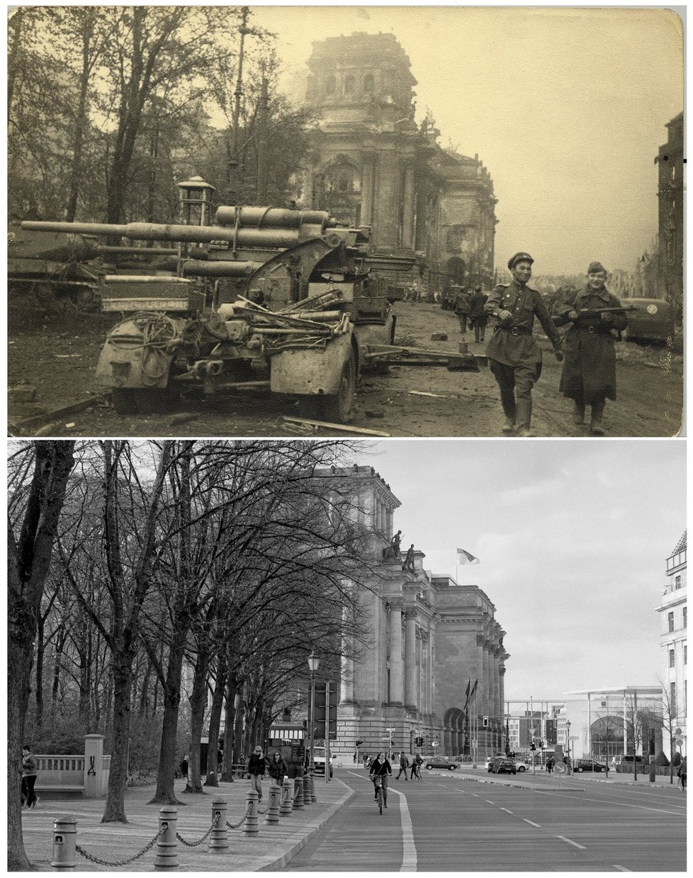 Sovětští vojáci před zbytky Reichstagu