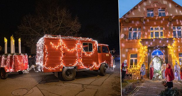 Nadšenci ze Středokluk: Auto ozdobili 7 000 světly a rozvážejí veselé Vánoce, mají i kouzelný betlém