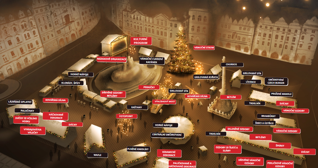 Mapa, jak by měly vypadat vánoční trhy na Staroměstském náměstí v roce 2022.