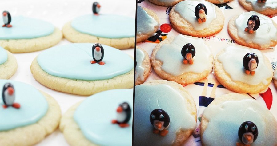Očekávání: Sušenky s marcipánovými tučňáky / Výsledek: Sušenky s rozteklými trpaslíky ve fraku