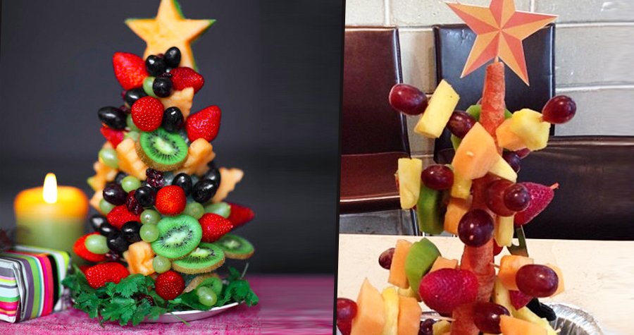 Očekávání: Vánoční ovocný stromeček / Výsledek: Shnilé ovoce na špejli