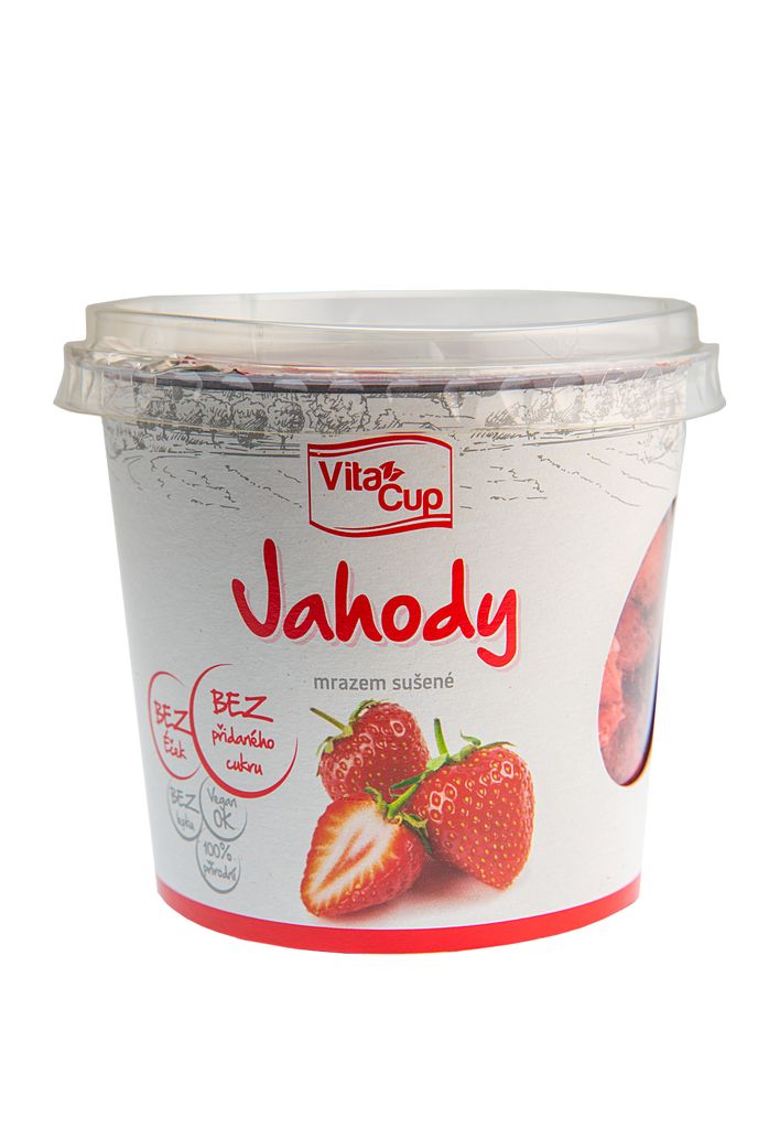 Lyofilizované jahody, 100% přírodní, se stejnými vitamíny jako v čerstvém ovoci, Vita Cup, vitacup.cz, 45 Kč/25g