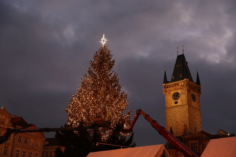 Vánoční strom na Staroměstském náměstí už svítí (24. listopadu 2021).