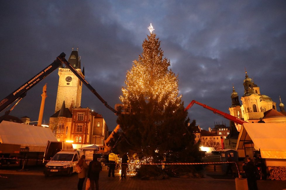 Vánoční strom na Staroměstském náměstí už svítí (24. listopadu 2021).