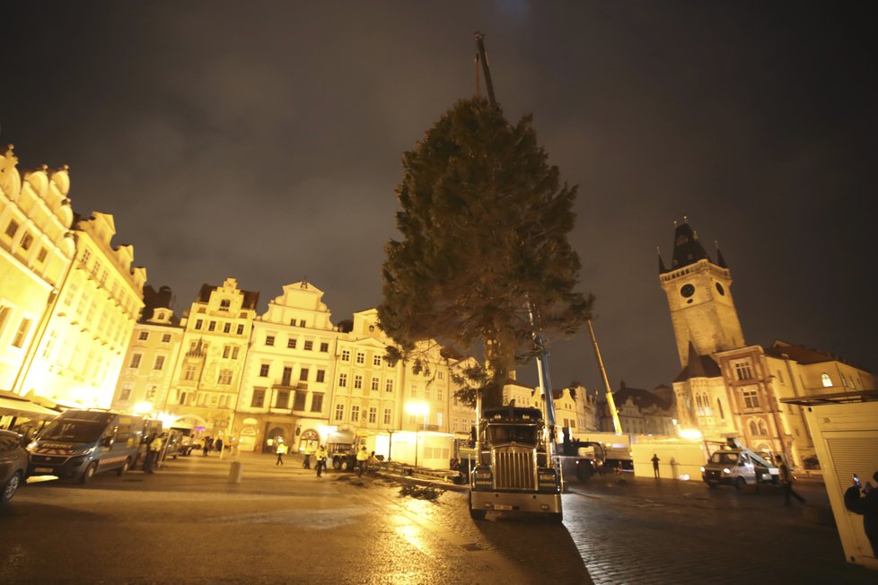 Košatý smrk, který měří 22 metrů, už od rána zdobí Staroměstské náměstí. Takto jej tam převáželi.